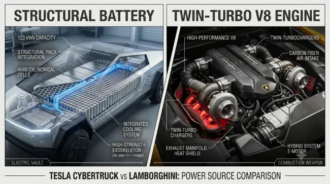 Tesla Cybertruck vs. Lamborghini: Price & Specs Mechanical Comparison 2 Tesla Cybertruck electric battery chassis vs Lamborghini V8 twin-turbocharged combustion engine