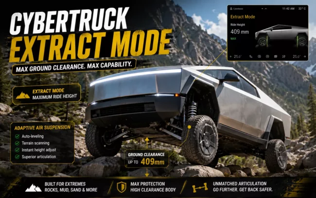Tesla Cybertruck Maintenance & Ground Clearance: An Off-Road Engineering Analysis 4 Tesla Cybertruck ground clearance and adaptive air suspension operating in off road Extract Mode