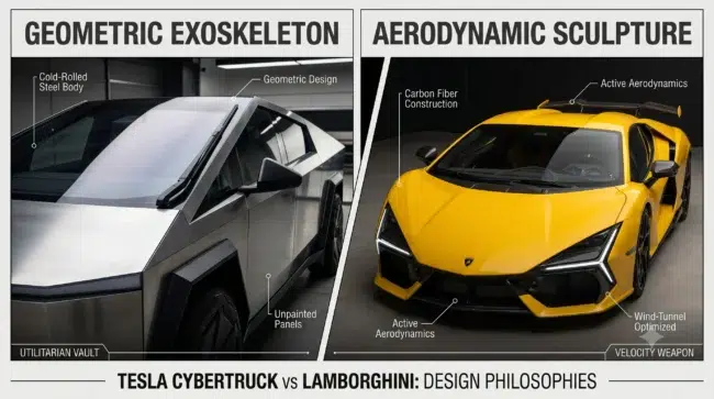 Tesla Cybertruck vs. Lamborghini: Price & Specs Mechanical Comparison 1 Tesla Cybertruck vs Lamborghini supercar body design and aerodynamic styling comparison