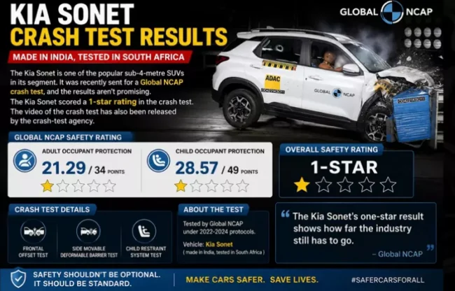 Auto News India June Week 2: Tata Price Hike, Sierra EV Launch & Massive Supercar Price Cuts! 6 The Kia Sonet recently underwent the Global NCAP crash tests under the newer stricter testing protocols and it scored a shocking 1 Star rating