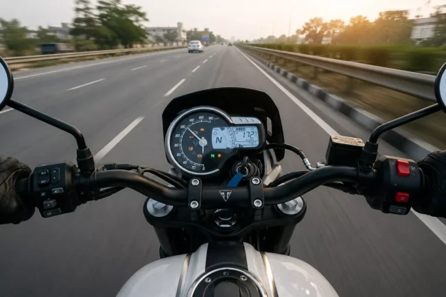 Triumph Tracker 400 Engine Specs Top Speed Mileage and Seat Height Explained 5 Triumph tracker 400 top speed highway acceleration test dashboard perspective