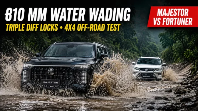 MG Majestor vs Toyota Fortuner: Full Comparison & 4x4 Specs 4 mg majestor vs fortuner off road test showing water wading and ground clearance